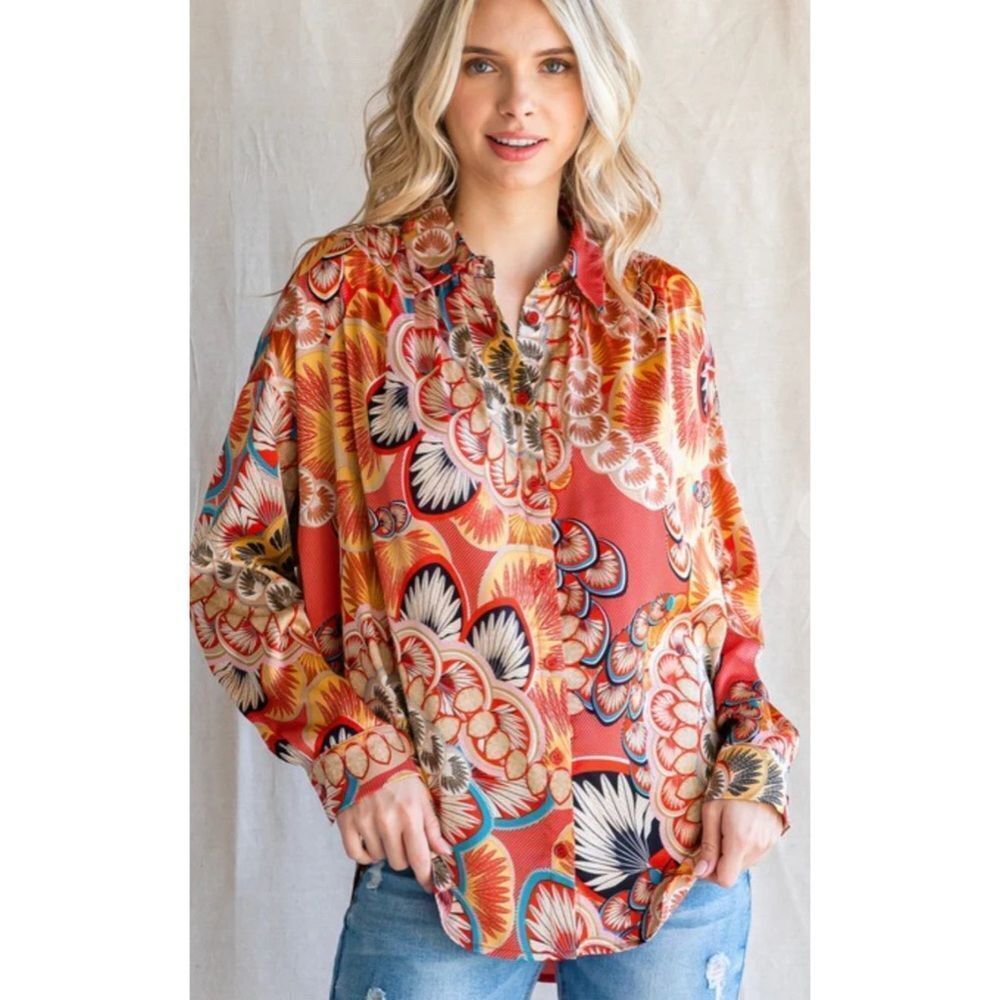 Jodifl Boho Printed Satin Button Up Blouse Shirt Orange Multi‎ Large